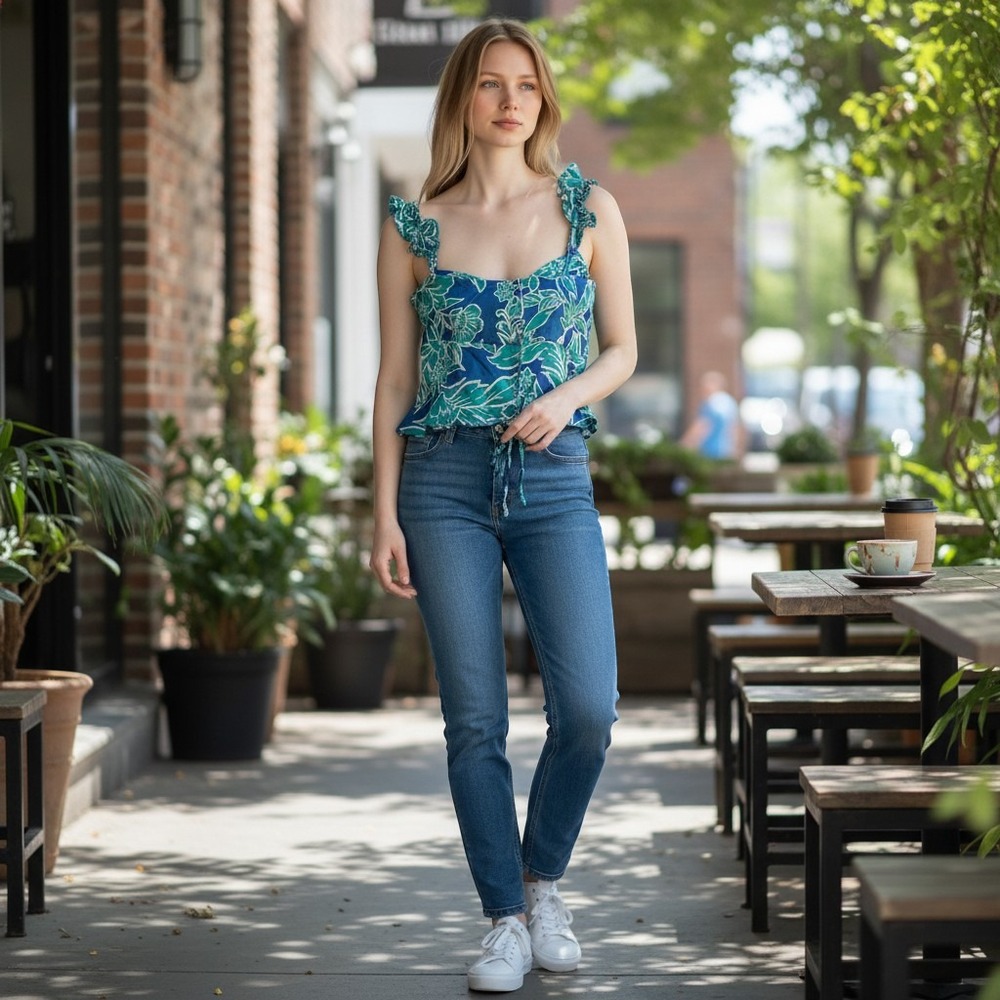 House‎ of Harlow 1960 Women's M Teal Green Floral Ruffle Strap Satin Crop Top